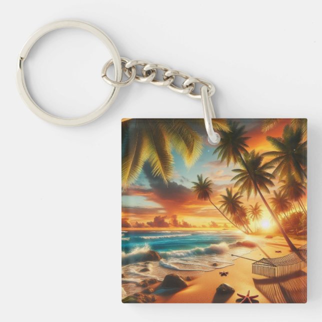 Porte-clés Serene Tropical Sunset Beach Peinture (Devant)