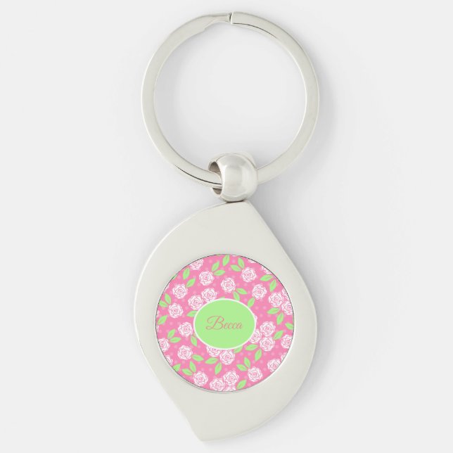 Porte-clés Shabby Chic rose floral personnalisé (Devant)