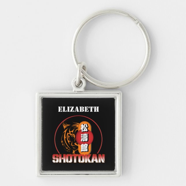 Porte-clés Shotokan Karate Tiger et japonais Kanji Votre nom (Devant)