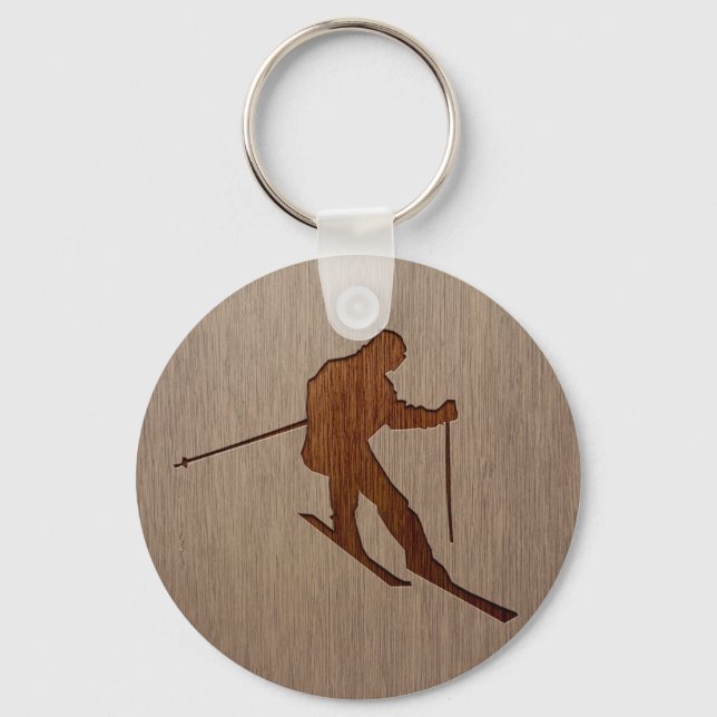 Porte-clés Silhouette de ski gravée sur la conception du bois (Recto)