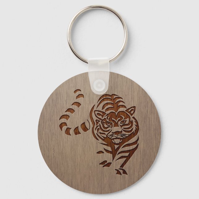Porte-clés Silhouette de tigre gravée sur bois (Recto)