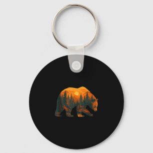 Porte-clés Silhouette d'ours avec paysage forestier et couche