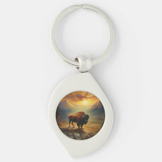 Porte-clés Silhouette du coucher de soleil de bison de buffle