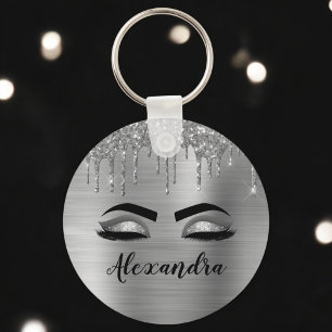 Porte-clés Silver Glitter Sparkle Eyelashes Monogram Name