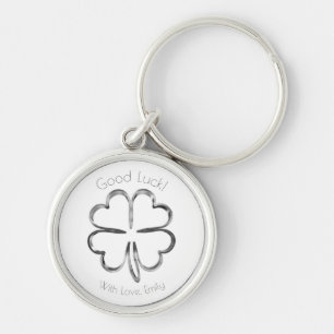 Porte-clés Silver Gray Four Leaf Clover Custom Text Good Luck