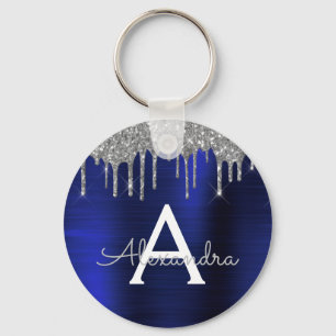 Porte-clés Silver Navy Blue Glitter Stainless Steel Monogram