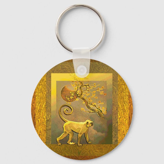 Porte-clés Singe Chinois~ Nouvel An Lune & Fleurs de Plum (Recto)