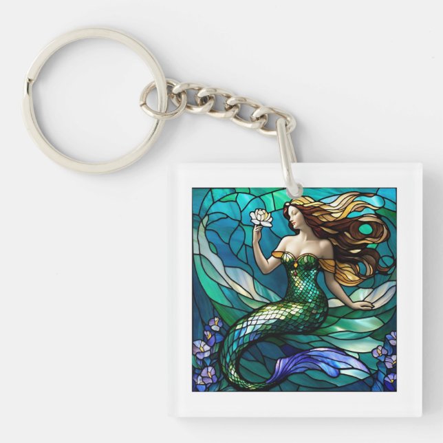 Porte-clés Sirène en verre tendu admirant une fleur (Devant)
