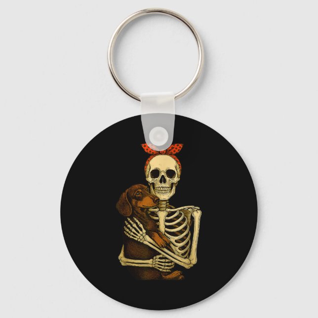 Porte-clés Skeleton Holding Dachshund Dog Funny Lazy Hallowee (Recto)