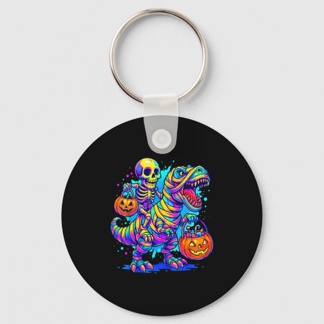 Porte-clés Skeleton Riding Mummy Dinosaur T Rex Halloween Fun (Recto)