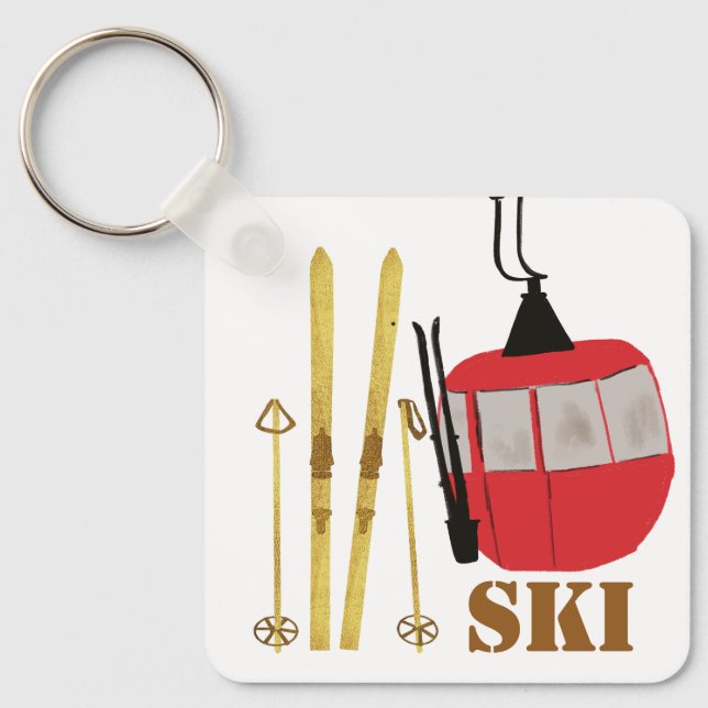 Porte-clés Skis Et Poles D'Or | Retro Ski Lift Holiday Pink (Recto)