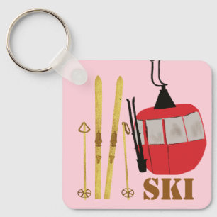 Porte-clés Skis Et Poles D'Or   Retro Ski Lift Holiday Pink