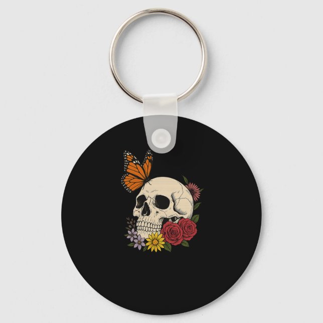Porte-clés Skulls Monarch Butterfly Flowers Halloween Men Wom (Recto)
