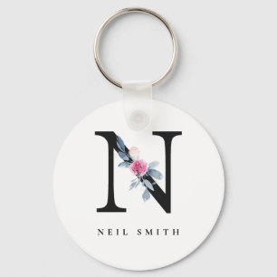 PORTE-CLÉS SOFT BLUSH BLUE FLORAL ALPHABETS NAME LETTER N