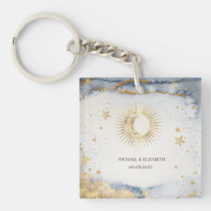Porte-clés Soleil céleste, Lune, Etoiles Aquarelle