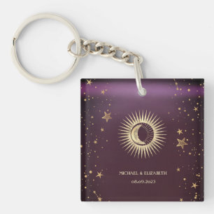 Porte-clés Soleil Or Céleste Et Étoiles Lune Bourgogne