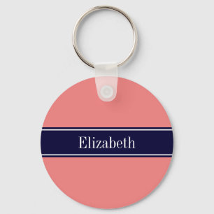 Porte-clés Solid Light Coral, Navy Blue Ribbon Name Monogram