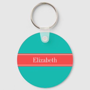 Porte-clés Solid Teal, Coral Red Ribbon Monogram