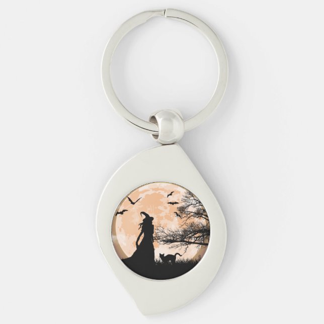 Porte-clés Sorcière mystique, Chat noir, Pleine lune (Devant)