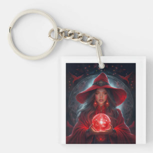 Porte-clés Sorcière rouge avec boule de cristal et arrière-pl