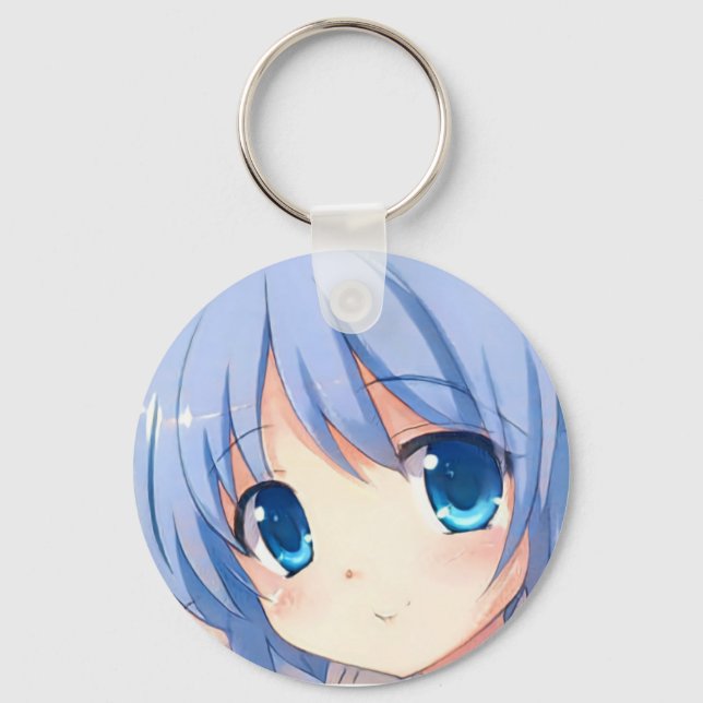 Porte-clés Souriant mignon manga fille yeux bleu violet (Recto)