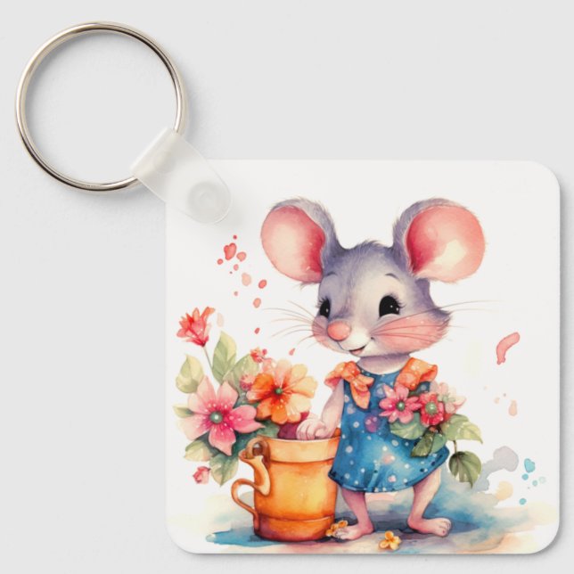 PORTE-CLÉS SOURIS DE FILLE CUTE AVEC FLEURS COLORÉES MOTIVATI (Recto)