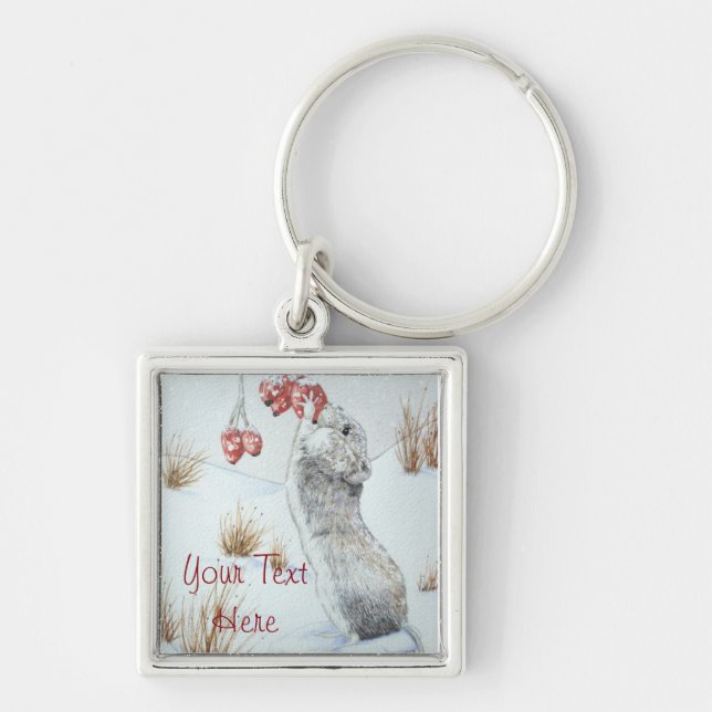 Porte-clés Souris mignonne et baies rouges scène de neige (Devant)
