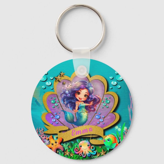 Porte-clés Sous la mer et sirène fête d'anniversaire fille (Recto)
