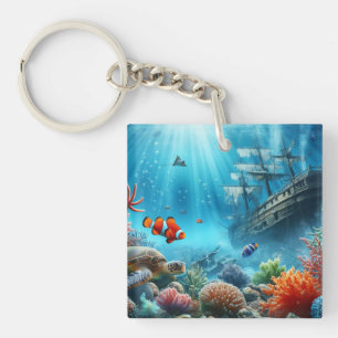 Porte-clés Sous la mer, tortue, corail, bateau, poisson clown