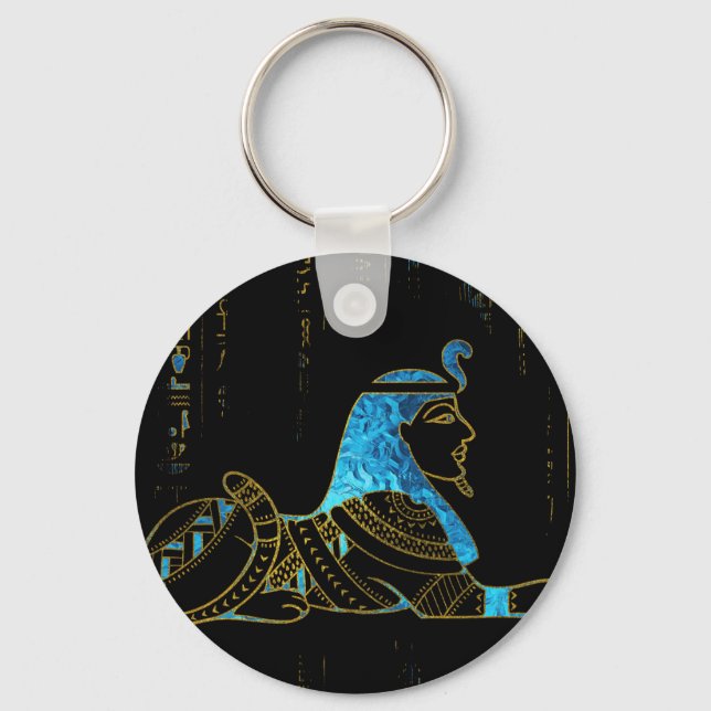 Porte-clés Sphinx égyptien sur hiéroglyphes cristal bleu et (Recto)