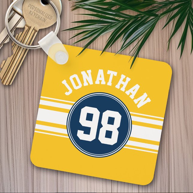 Porte-clés Sports Stripes Marine Blue & Yellow Nom Numéro (Personalized keychain - Sports Jersey Theme)