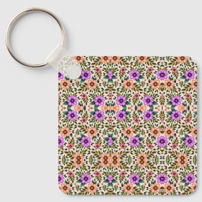 Porte-clés Square keychain showcasing a vibrant floral  (Recto)