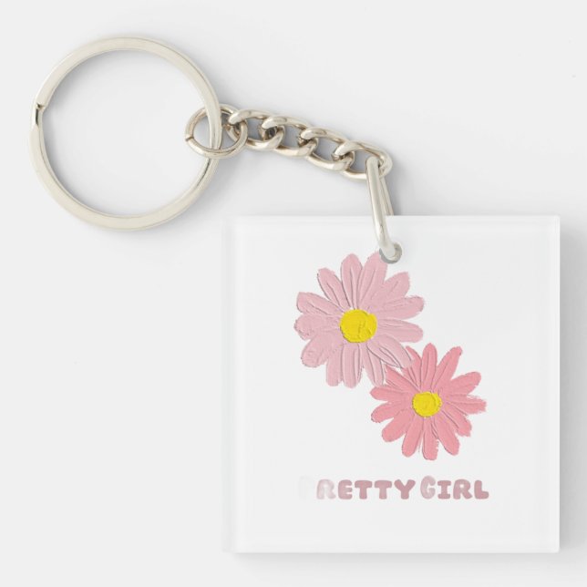 Porte-clés Square keychain with pink daisy flowers (Devant)