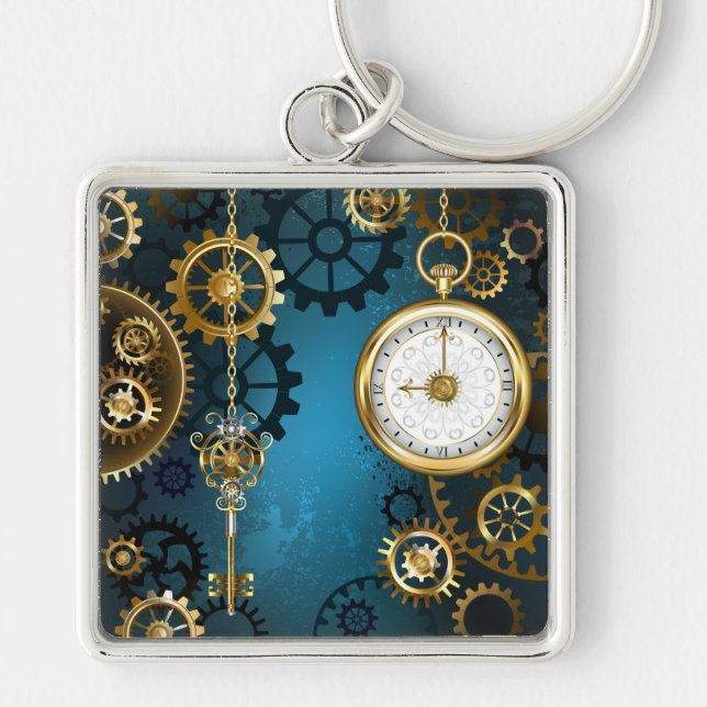 Porte-clés Steampunk Arrière - plan turquoise avec Gears (Devant)
