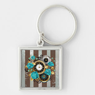 Porte-clés Steampunk Clock and Turquoise Roses on Striped