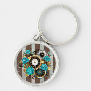 Porte-clés Steampunk Clock and Turquoise Roses on Striped