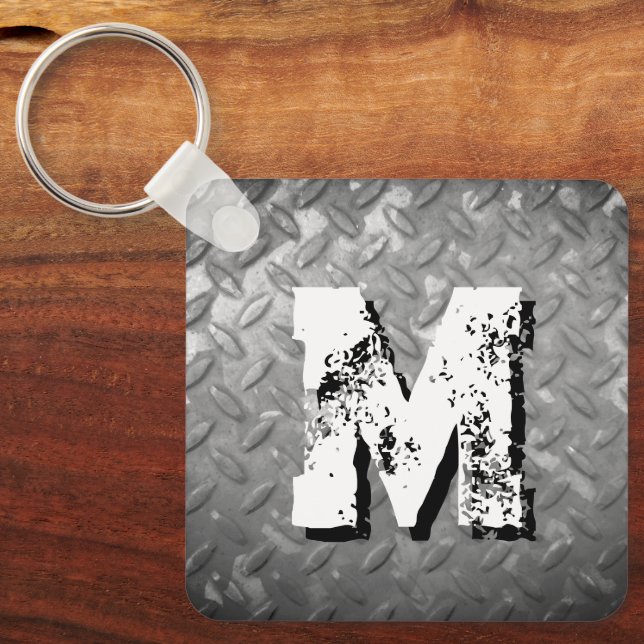 Porte-clés Steel diamond plate custom monogram metal (Recto)