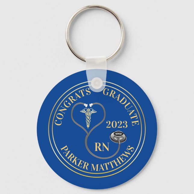 Porte-clés Stethoscope Caduceus RN Congrats Diplômés - Bleu (Recto)