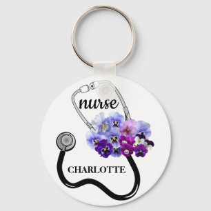 Porte-clés Stéthoscope d'infirmière et floral de pensée bleue