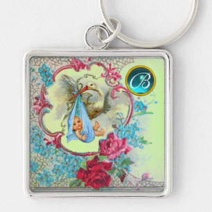 PORTE-CLÉS STORK BABY BOY SHOWER GEM MONOGRAM