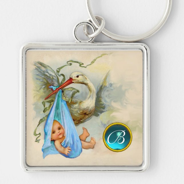 PORTE-CLÉS STORK BÉBÉ GARÇON DOUCHE GEM MONOGRAM (Devant)