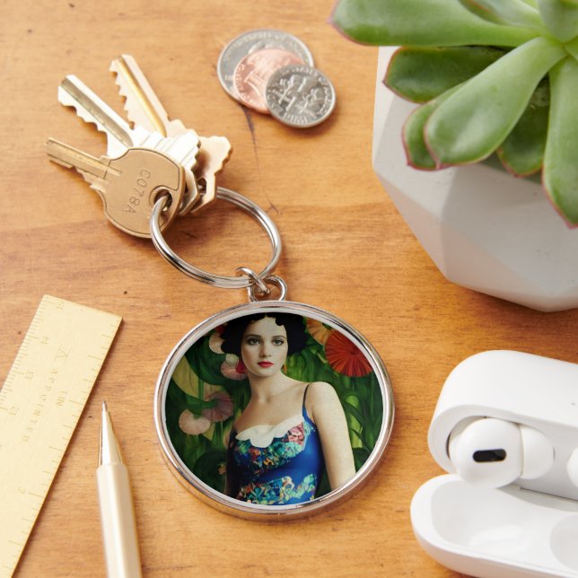 Porte-clés Style Art Déco Elégant Femme avec Grandes Fleurs A (Bureau)