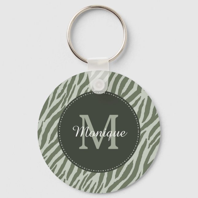 Porte-clés Style Sage Green Zebra Imprimer Monogramme et nom (Recto)