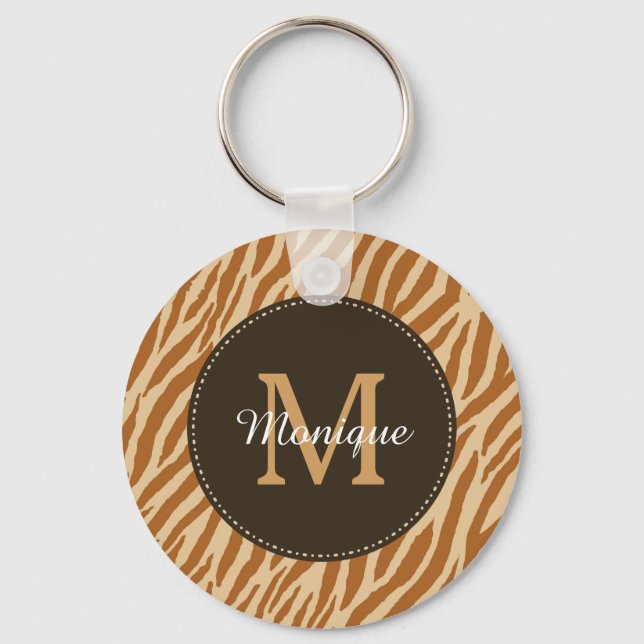Porte-clés Stylé Tawny Brown Zebra Imprimer Monogramme et nom (Recto)