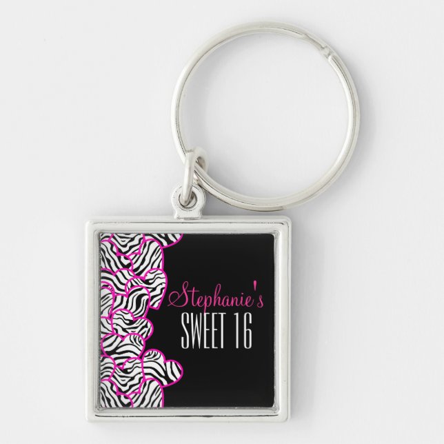 Porte-clés Stylish Pink Sweet 16 Zebra Heart Design Nom (Devant)