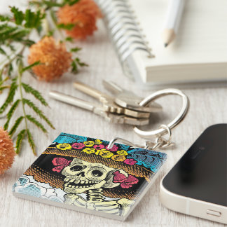 Porte-clés Sugar Skull Lady in Floral Sun Hat Pop Art Graphic