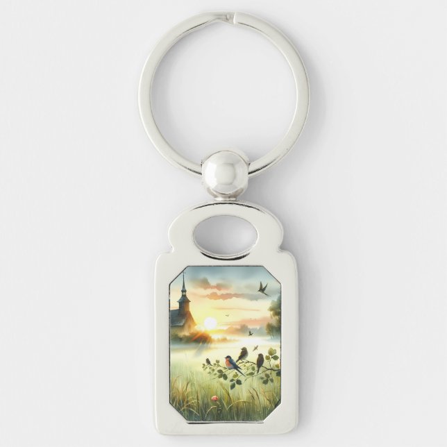 Porte-clés Sunrise Church with Birds in Misty Meadow No Verse (Devant)