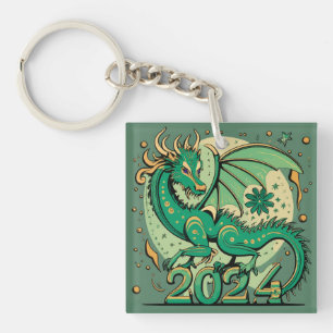 Porte-clés Symbole 2024 Nouvel An, Dragon de Bois Vert