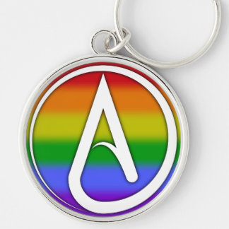 Porte-clés Symbole athée blanc sur arc-en-ciel