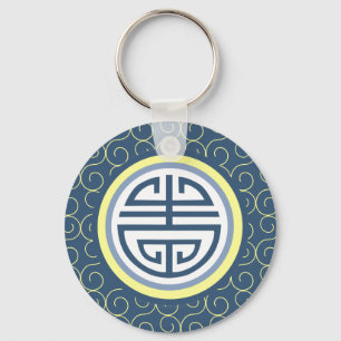 Porte-clés Symbole de longévité chinois Shou - bleu et jaune